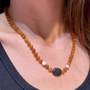 Baltic Amber & white Howelite Healing Necklace 18.5" | honey Amber w/ lava Stone
